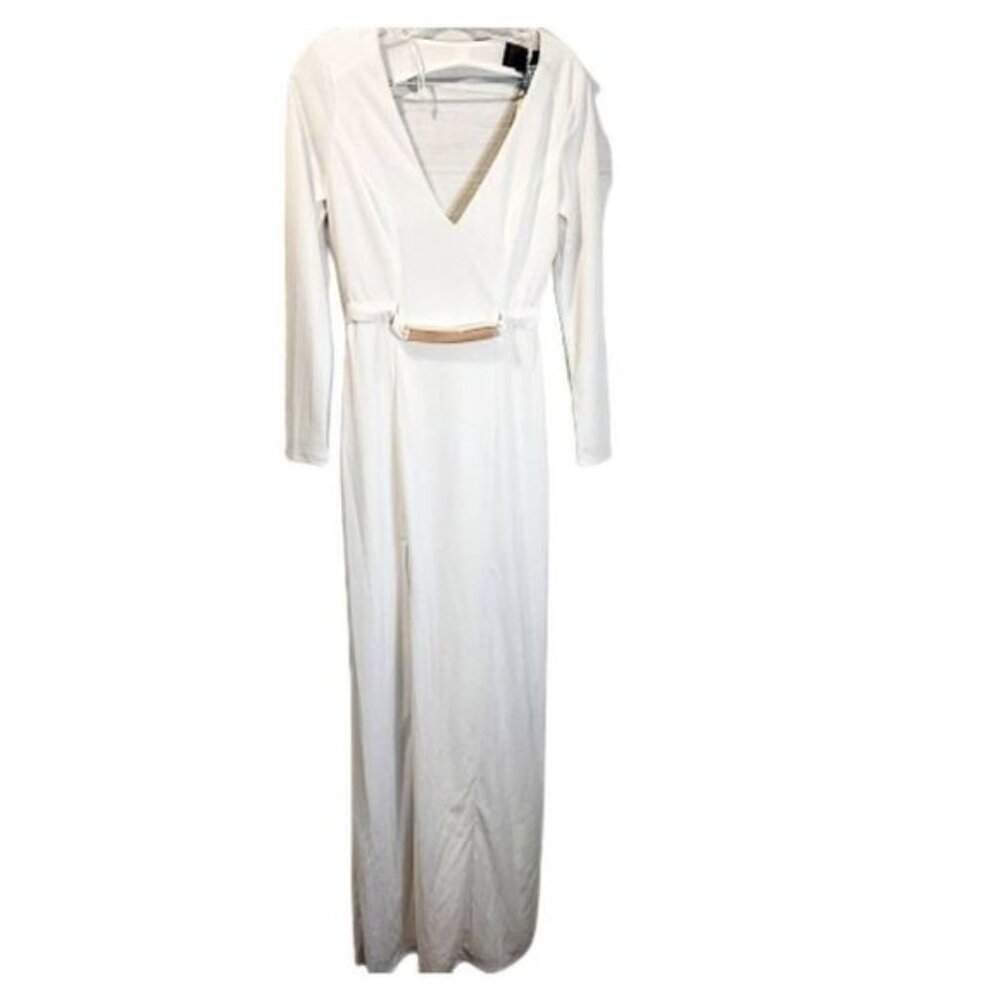 H&M Women's Double‎ V-neck Long Sleeve White Long Gown with Gold Accent Belt